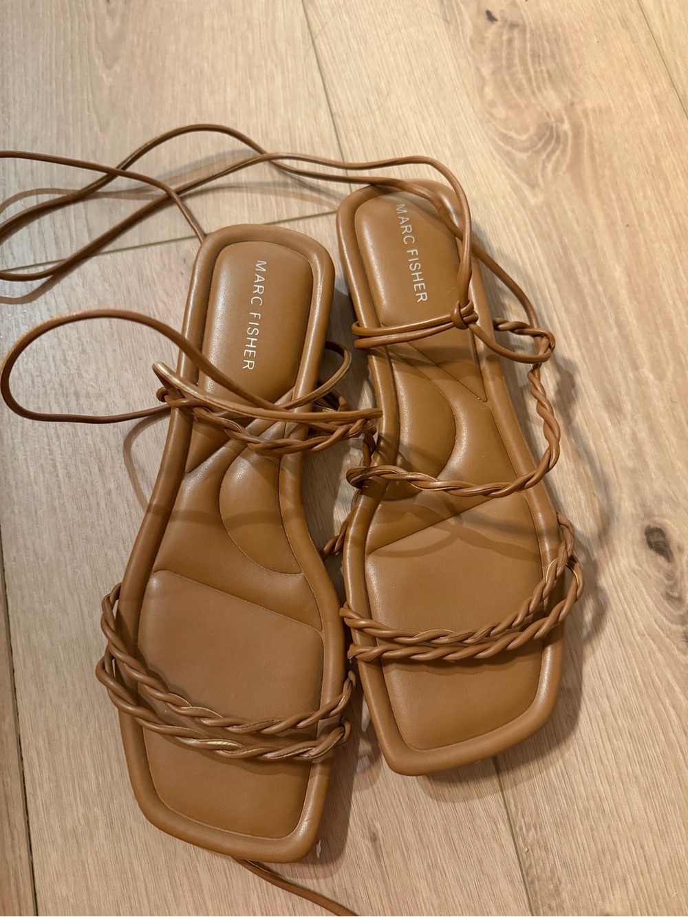 Marc Fisher Tan Braided Lace-Up Square Toe Sandals